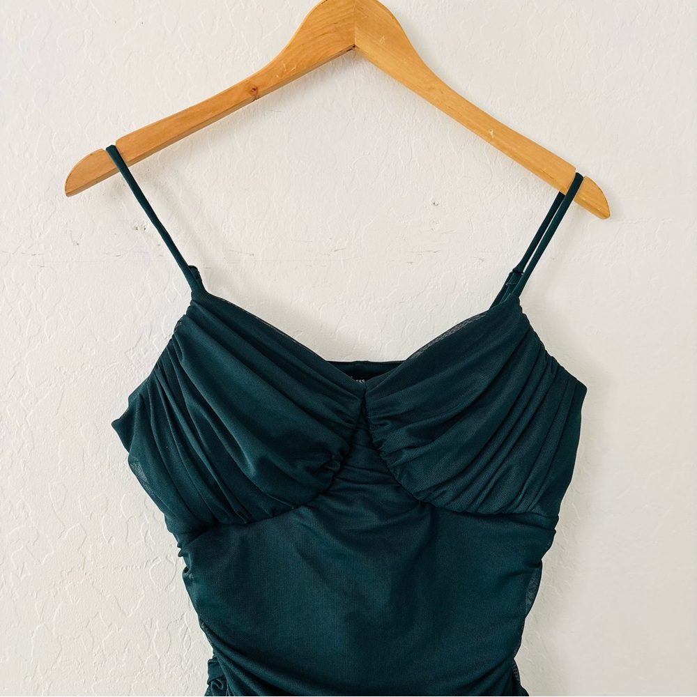 Express Body Contour Ruched Mesh Bodysuit Dark Green Size Medium - Picture 2 of 8